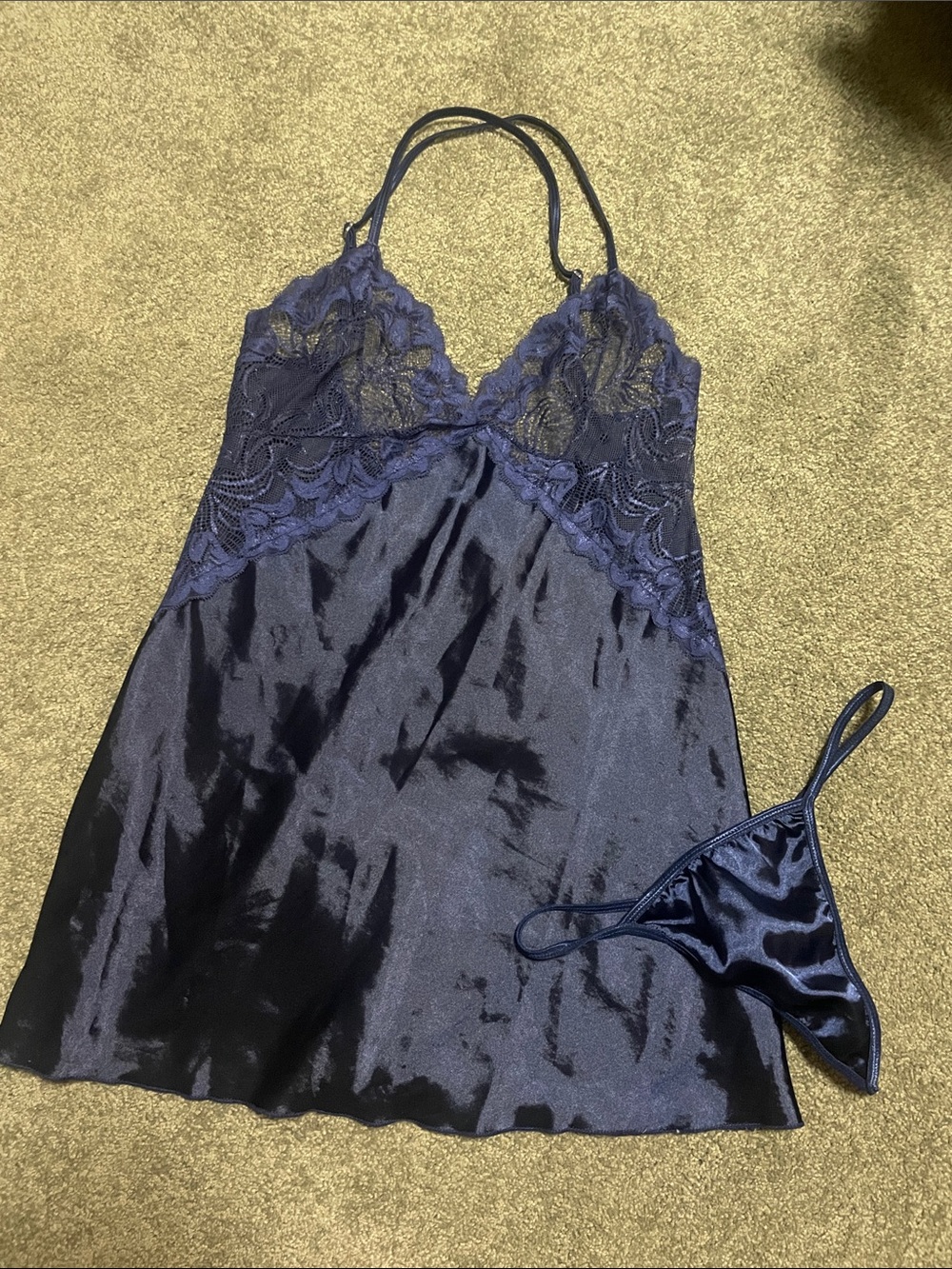 Navy S Lace-Trim Satin lingerie nightie dress & Thong